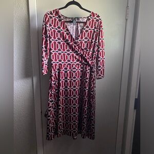 Large black white and red geometric print dress